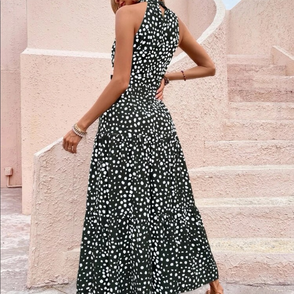 Boho Polka Dots Print Flounce Halter Belted Maxi Dress - Picture 12 of 13